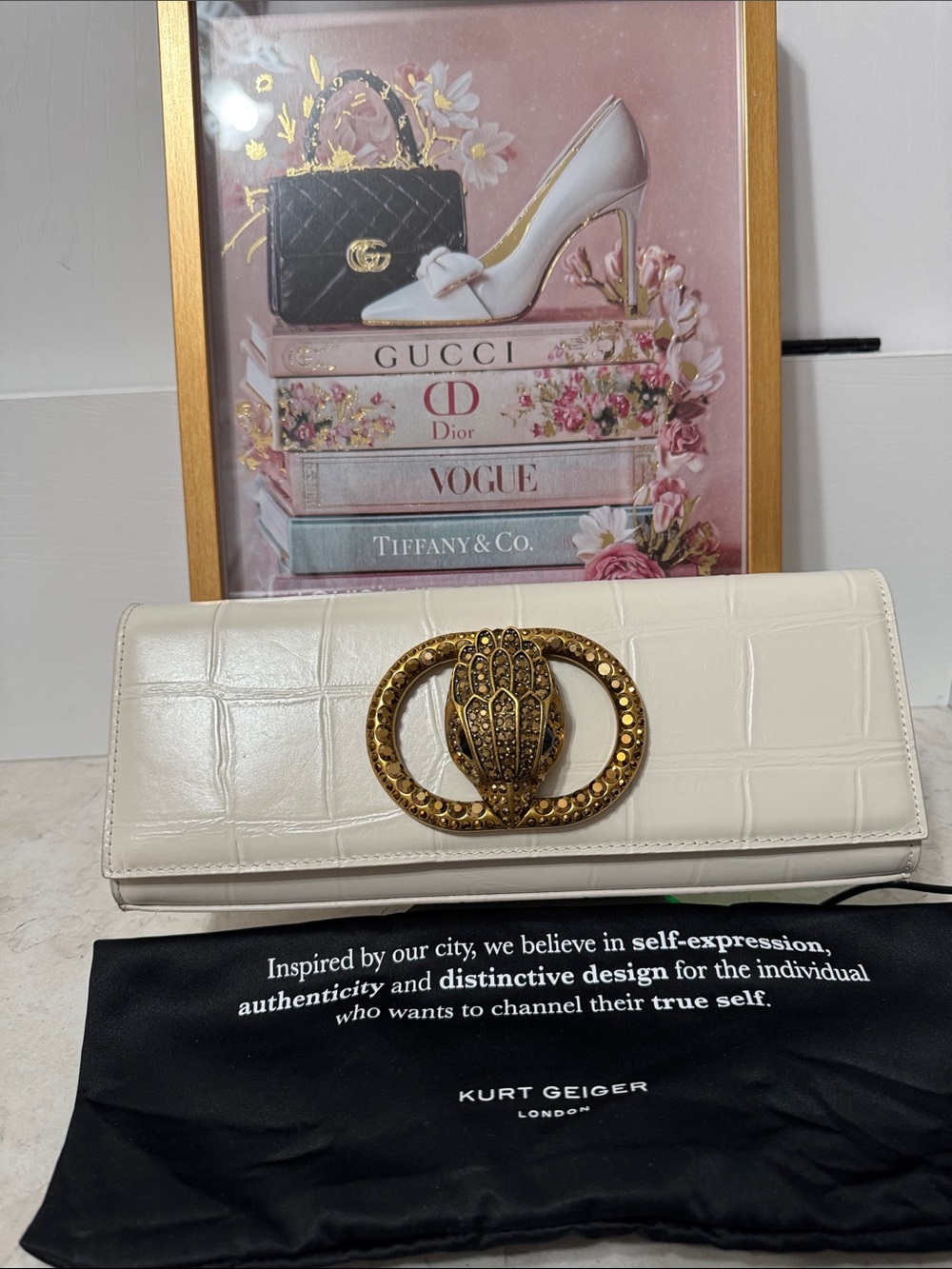 Kurt Geiger Cream Croc-Embossed Chelsea Clutch with Antique Gold Emblem